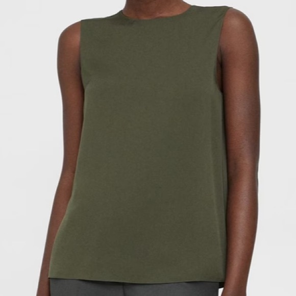 Theory Shell Tank Top Blouse in Silk Georgette Dark Olive Size XXL High Neck - Picture 4 of 6